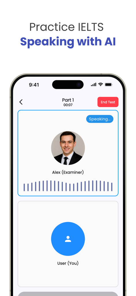 IELTS Pulse: Band 9 AI Prep - Interface of the IELTS Pulse app showing a practice speaking session with an AI examiner
