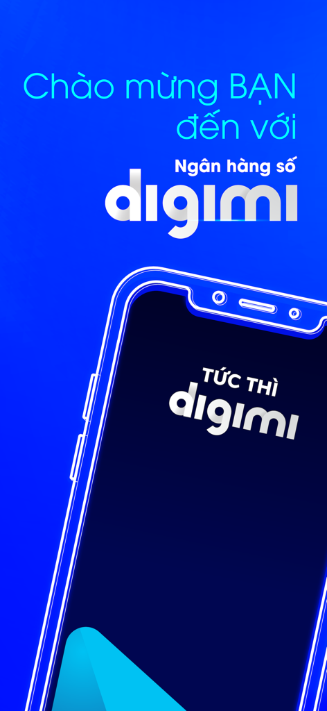 digimi - Ngân hàng số - Welcome screen for digimi digital banking app with a smartphone graphic and Vietnamese text
