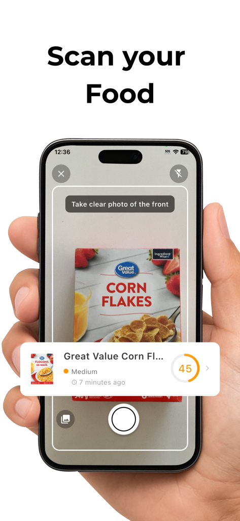 Safe Choice - Product Scanner - A smartphone scanning a box of corn flakes using the Safe Choice app to reveal a health trust score.
