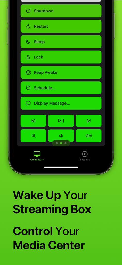 Screenshot of the Off app showing remote control buttons for shutdown, restart, sleep, and media playback control on a smartphone.