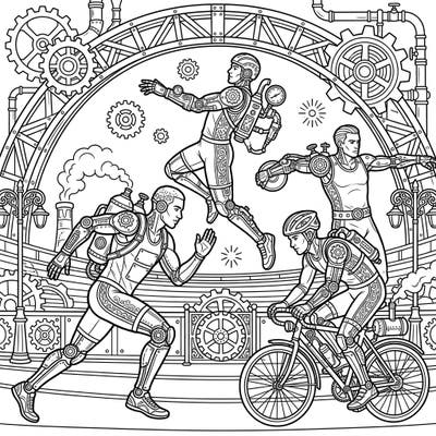 Step into a world where athletic prowess meets retro-futuristic mechanics with our Bionic Steampunk Athletes coloring page. This intricate design invites you to bring a unique blend of science fiction and Victorian fantasy to life.