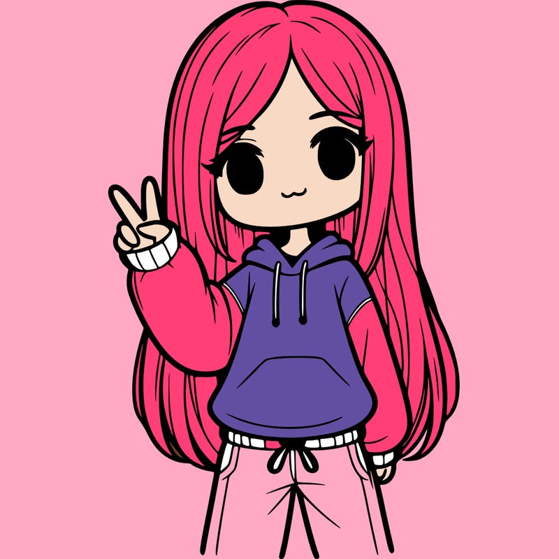 girl with straight down hair wearing a sweater and sweatpants doing the peace sign