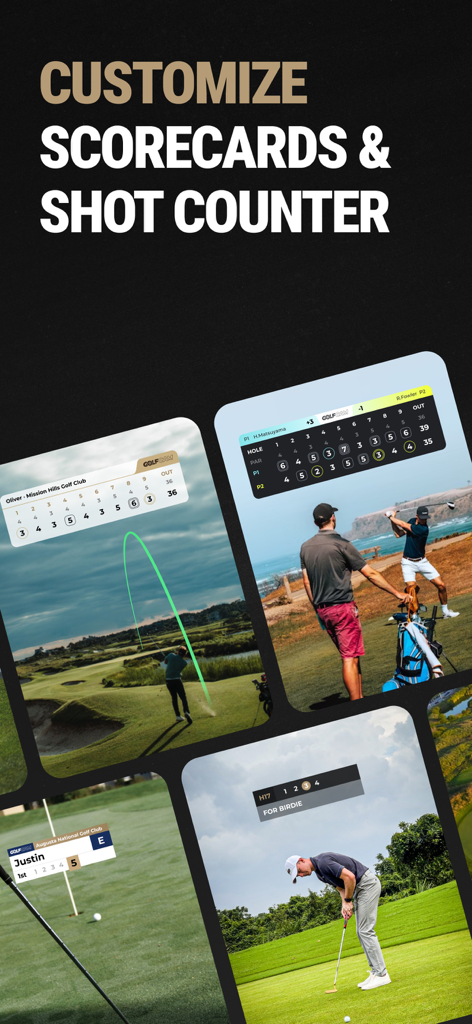Golf video editing app display with customizable digital scorecards and shot counters