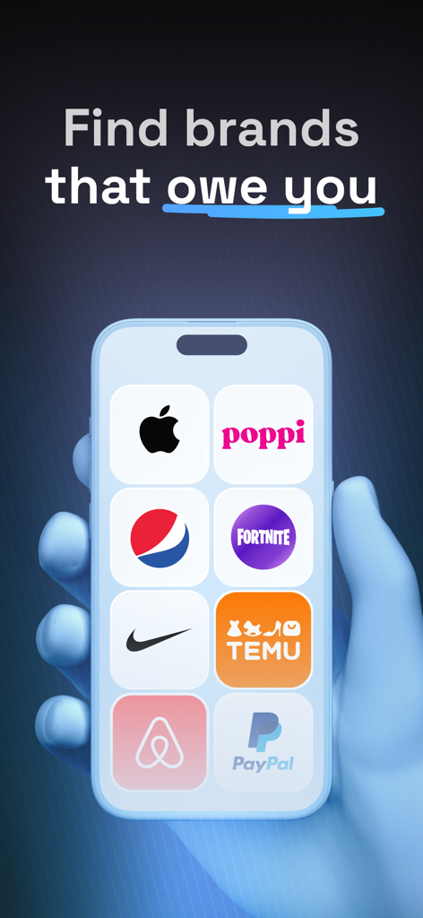 Claim: Class Actions - A smartphone screen displaying various brand logos like Apple, Nike, and Pepsi under the headline Find brands that owe you