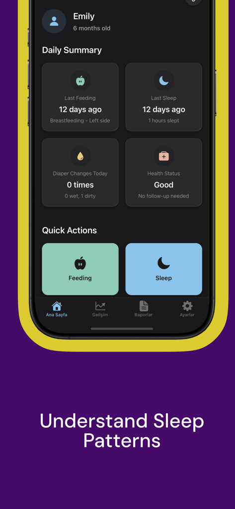 Baby Tracker – Feed & Sleep - A daily summary dashboard in the Baby Tracker app showing feeding and sleep logs for a six month old