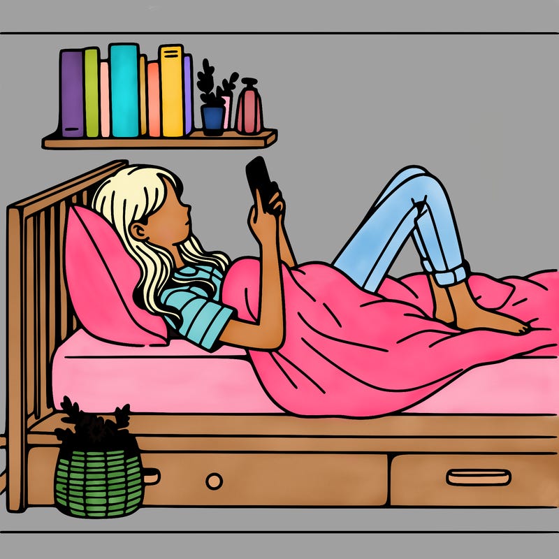 a girl laying on her bed with her phone