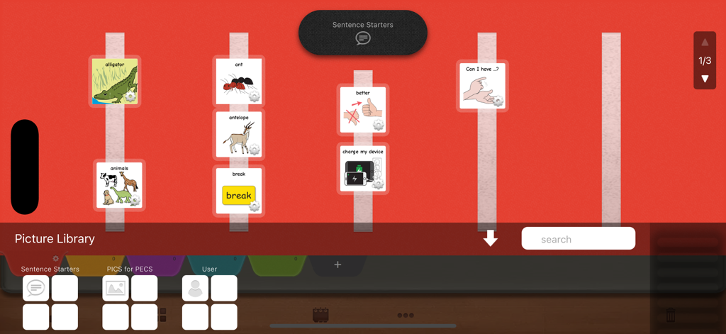 PECSTalk™ Lite - Digital communication board in PECSTalk Lite showing a library of icons and sentence starters