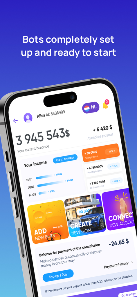 Apex: AI Trading Bot & Broker - Apex AI Trading Bot app dashboard showing account balance and income statistics