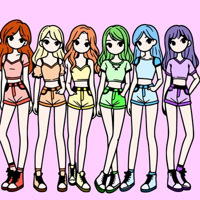 a group of girls wearing crop tops and shorts