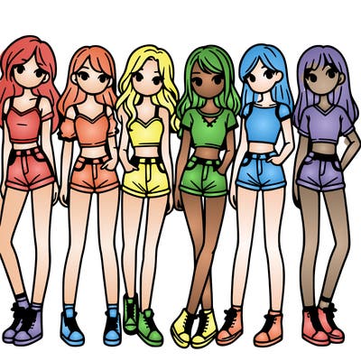 a group of girls wearing crop tops and shorts