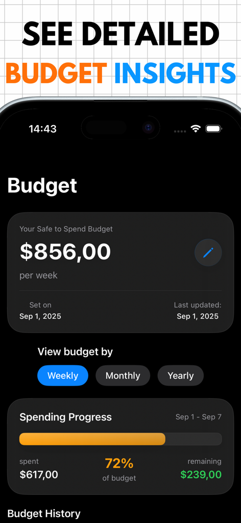 Actual Budget app screen showing weekly safe to spend amount and spending progress bar
