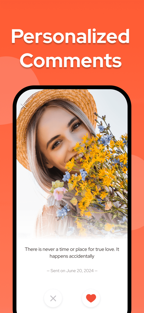 Wild: Adult Casual Dating App - A smartphone interface showing the Wild dating app's personalized comments feature with a woman's profile and heart icon.