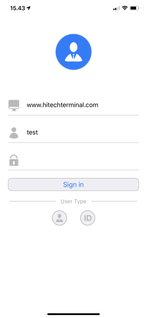 Hitech - Hitech 앱 로그인 화면으로, 서버 URL, 사용자 이름 및 비밀번호 입력 필드가 있습니다.