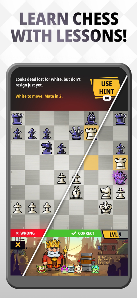 Mobile screen showing chess lessons and puzzles with gamified character elements