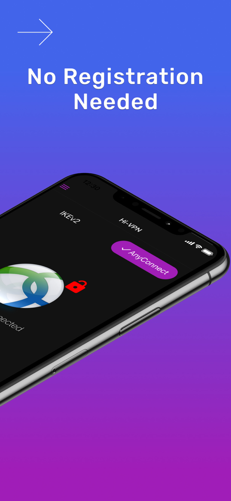 Hi-VPN interface showing Cisco AnyConnect compatibility and a message stating no registration is needed