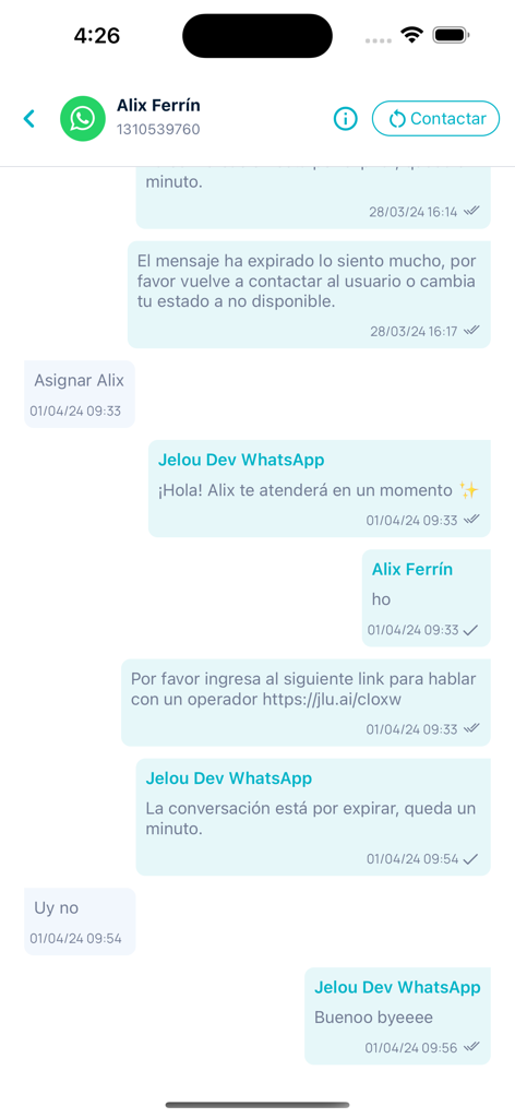 Jelou Connect - Jelou Connect mobile app interface showing a business chat conversation with a client