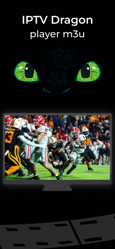 XTREAM IPTV: TV Player IP + - XTREAM IPTV Dragon Player M3U-Oberfläche, die ein American-Football-Spiel auf einem Fernsehbildschirm zeigt.