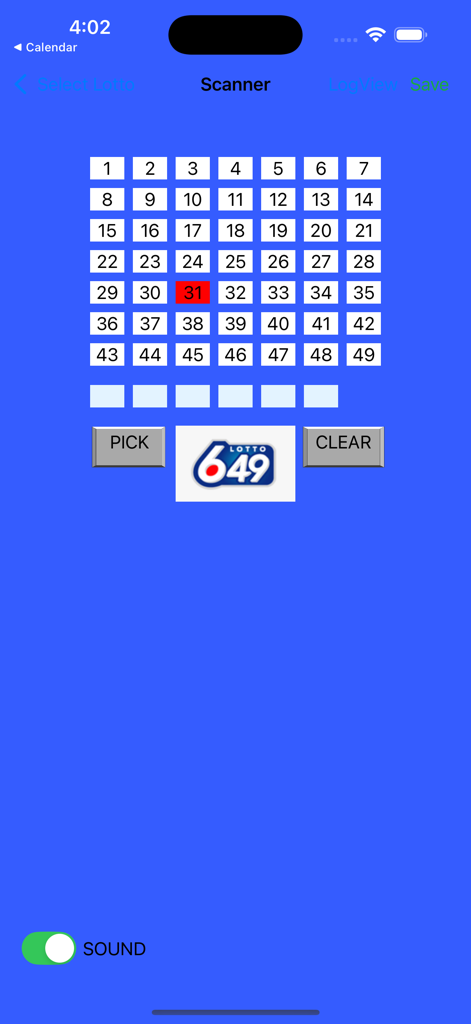 LottoPicker 앱 스캐너 화면으로 로또 6/49 선택을 위한 번호 그리드를 보여줍니다.