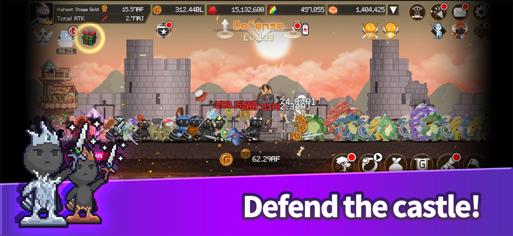Ant Hero : Defense Idle RPG - Ant Hero soldiers defending a castle against waves of monster enemies in a pixel art idle RPG
