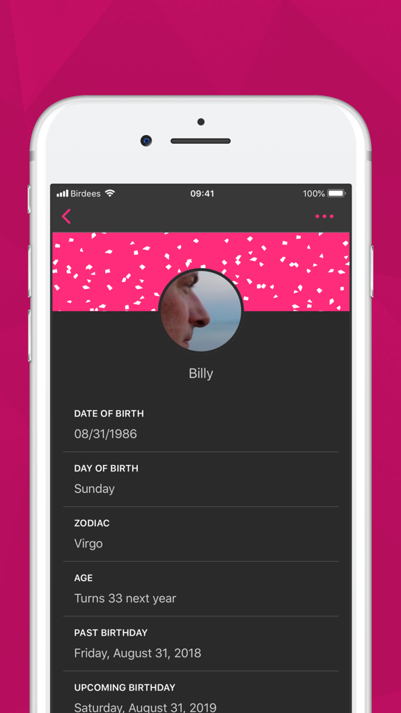 Birdees - Birthday Reminder - Birdees app interface showing a detailed birthday profile with birth date and zodiac sign.