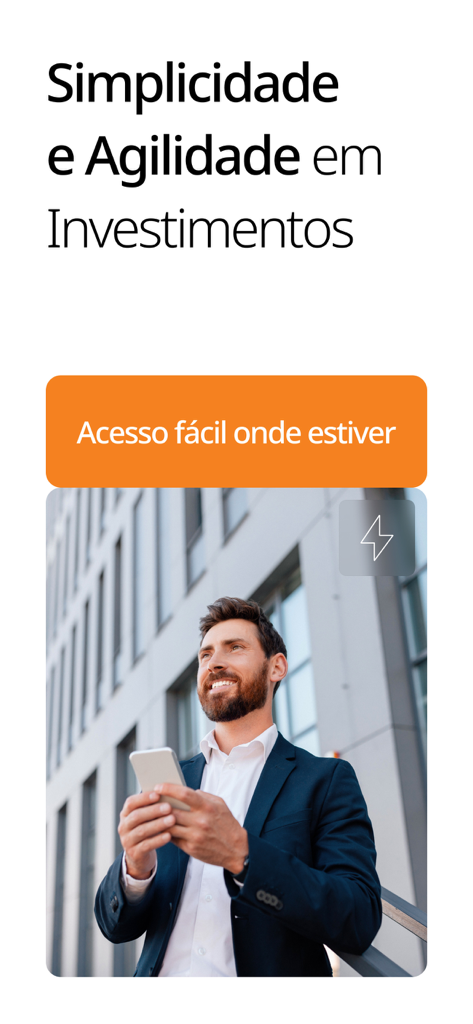 Profissional de negócios usando o aplicativo Mirae Asset Invest em um smartphone em frente a um prédio de escritórios.