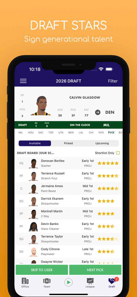 Pocket GM: Basketball Sim - Pocket GM Basketball Sim draft board showing player statistics and star ratings