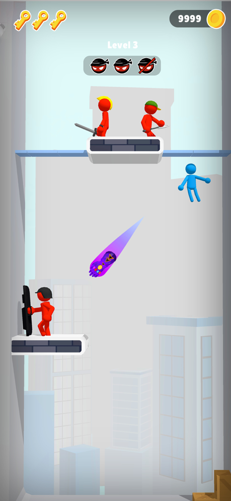 Stick Teleport 3D - A blue stickman ninja throwing a glowing weapon at red enemies in a 3D city environment