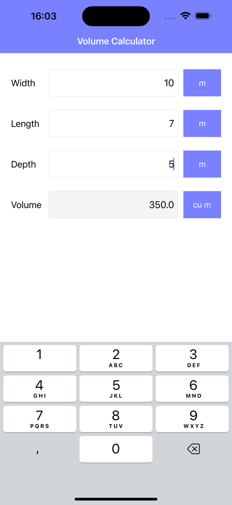 Volume Calculator Pro - Interfaz de Calculadora de Volumen Pro mostrando cálculo de volumen a partir de ancho, largo y profundidad en metros
