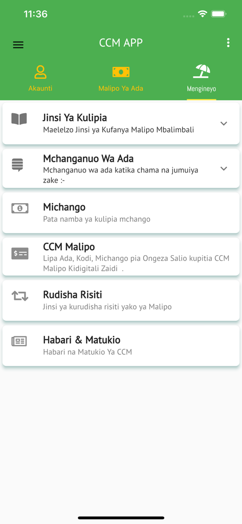 CCM_App - CCM App screen displaying a menu with options for membership fee payments, contributions, and news updates.