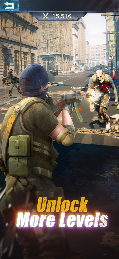 A tactical survivor shooting a zombie in a post-apocalyptic city street