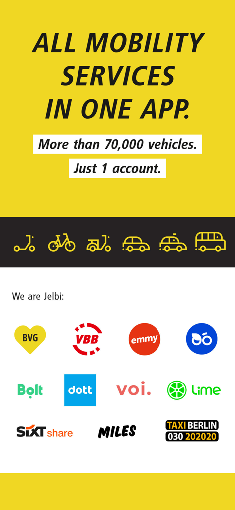 BVG Jelbi: Mobility in Berlin - BVG Jelbi app promotion showing all mobility services and partner logos in Berlin