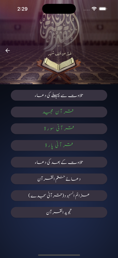 Shia 313 - Menu of the Holy Quran module in the Shia 313 app with Urdu navigation buttons.