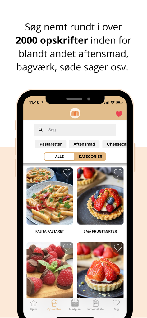 Mummum - Mummum mobile app screen displaying recipe search results for pasta dishes and fruit tarts with navigation menu.