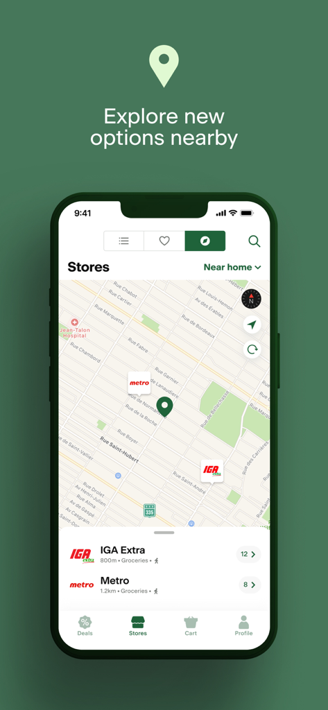The FoodHero app store locator map showing nearby participating grocery stores like IGA and Metro.