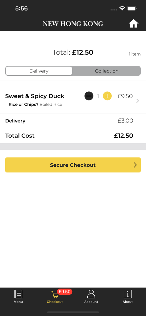 Checkout screen of the New Hong Kong Montrose app showing an order summary for sweet and spicy duck
