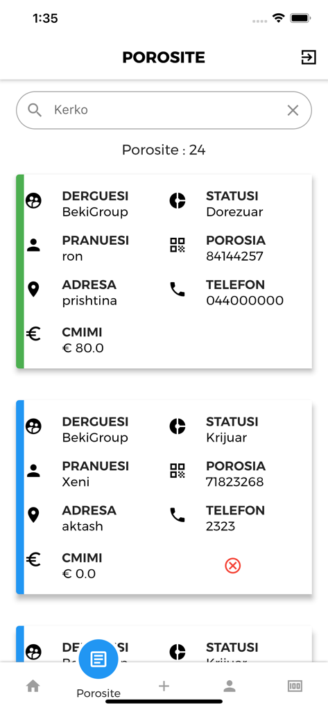 Mobile app screen showing a list of postal orders with sender and recipient information.