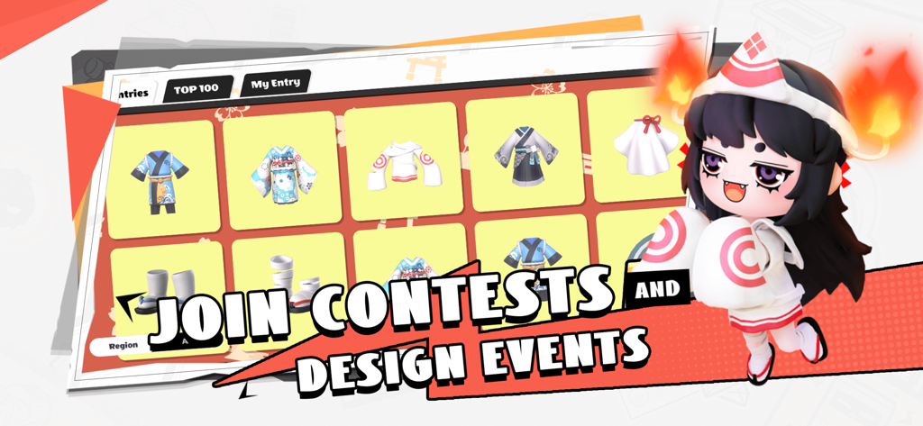 A interface do aplicativo BUD mostrando concursos de design de moda da comunidade e uma galeria de itens de vestuário de avatar personalizados.