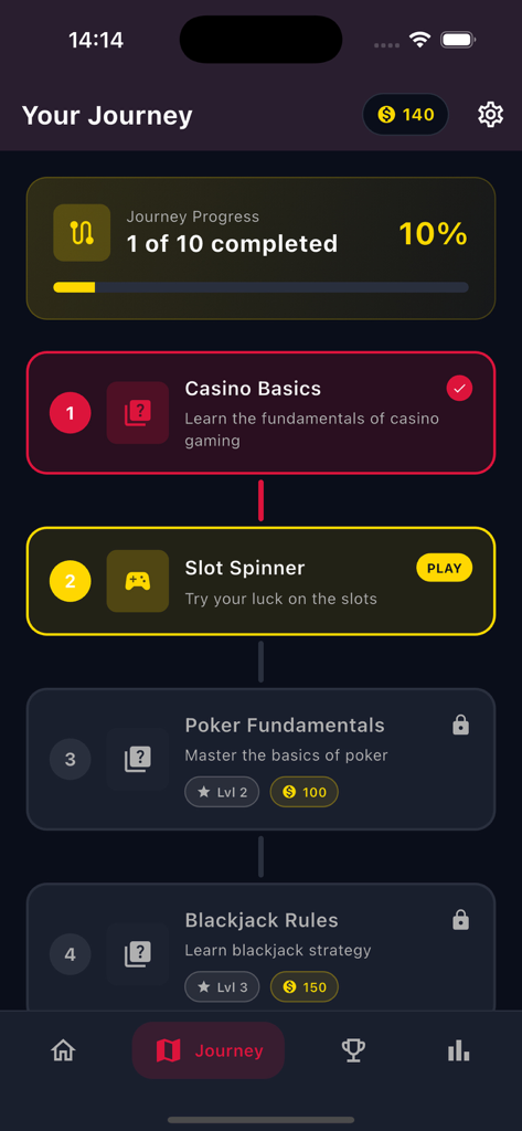 Casino Universe - Screenshot der Casino Universe App zeigt einen spielerischen Lernpfad mit Fortschritt für Casino-Grundlagen, Poker und Blackjack