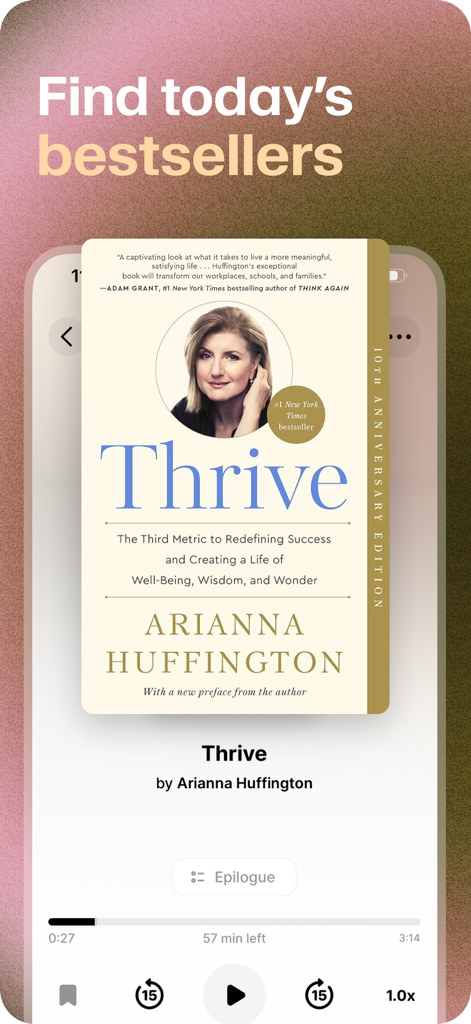 ElevenReader App-Oberfläche, die den Bestseller Thrive von Arianna Huffington mit Audio-Player-Steuerelementen zeigt.