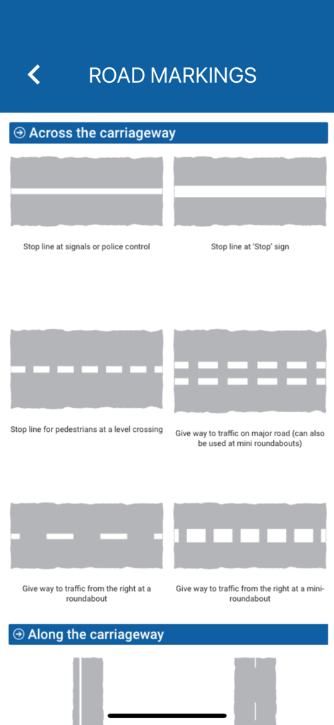Turks & Caicos Driving Theory - Educational screen showing various road markings for across and along the carriageway in the Turks and Caicos Driving Theory app.