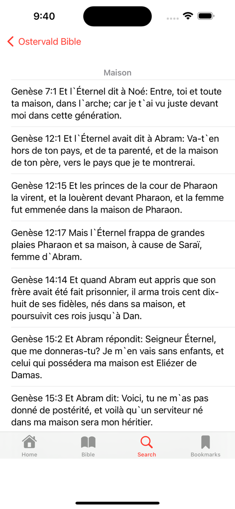 Ostervald Bible - Search results for the word Maison in the Ostervald French Bible mobile app interface
