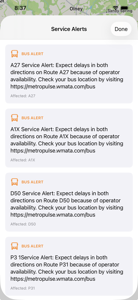 DC Next Bus - Screenshot of the Service Alerts screen in the DC Next Bus app showing real-time bus delay notifications for WMATA routes.