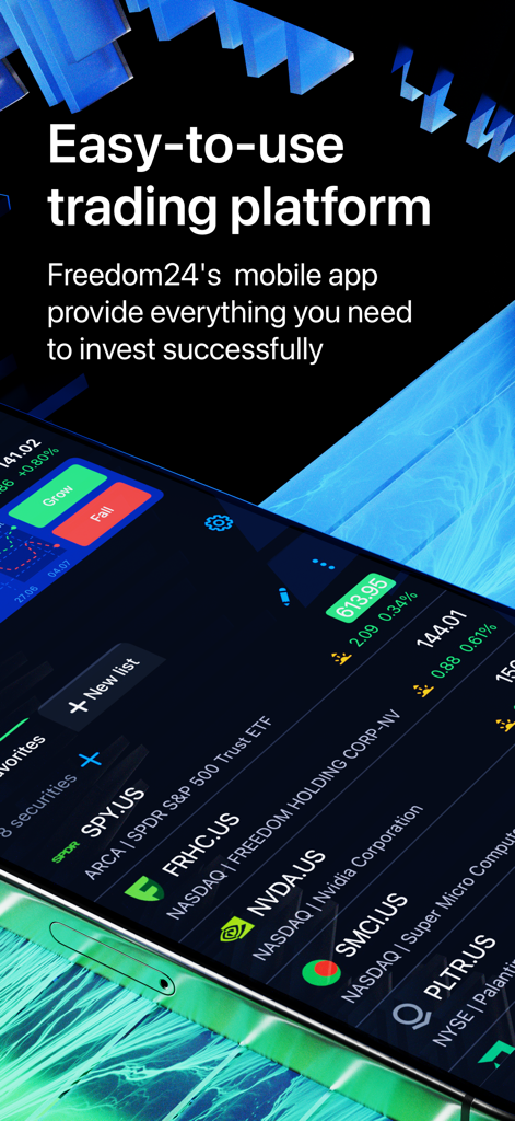 Interfaccia dell'app mobile Freedom24 che mostra un elenco di azioni globali e dati di mercato in tempo reale