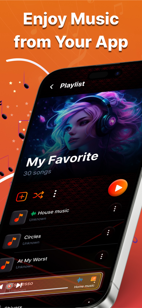 Volume Booster: Sound Booster - Music playlist screen within the Volume Booster app featuring various songs and a stylized cover art