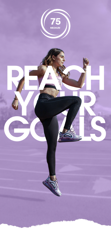 A woman in athletic wear jumping on a track with the motivational text Reach Your Goals for the 75 Medium Challenge