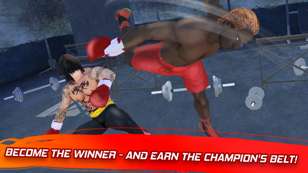 A 3D mobile game screenshot showing a fighter performing a flying kick against an opponent in an outdoor training gym.