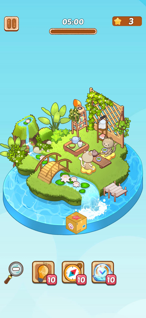 Cat Room Decor - Two cute cats having tea on a peaceful decorated garden island with a waterfall