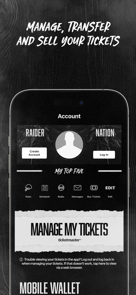 Schermata dell'app Raiders per la gestione, il trasferimento e la vendita dei biglietti