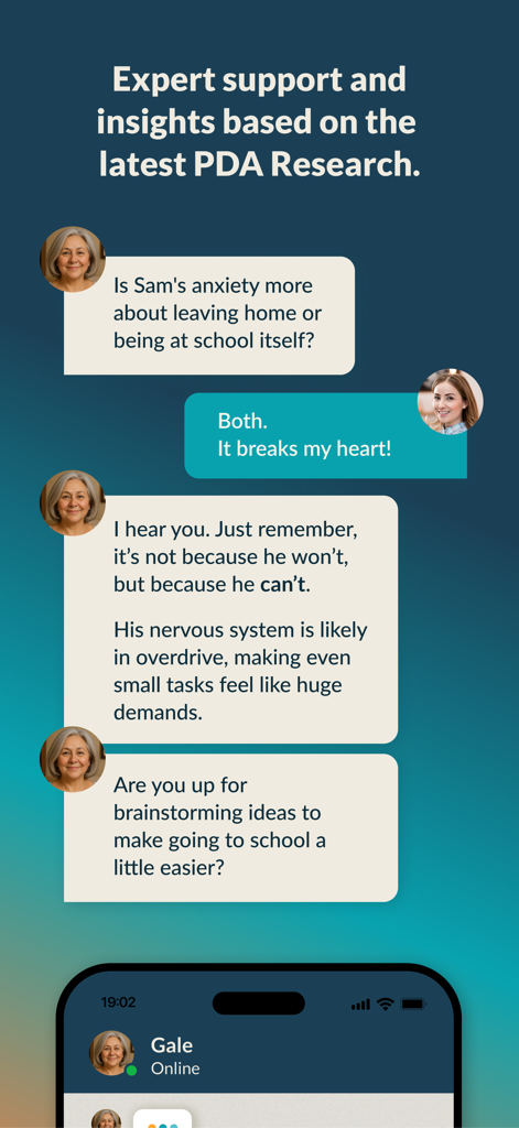 PDA Pro for Demand Avoidance - Une interface de chat dans l'application PDA Pro montrant une conversation de soutien avec un expert sur la gestion de l'évitement des demandes chez les enfants.