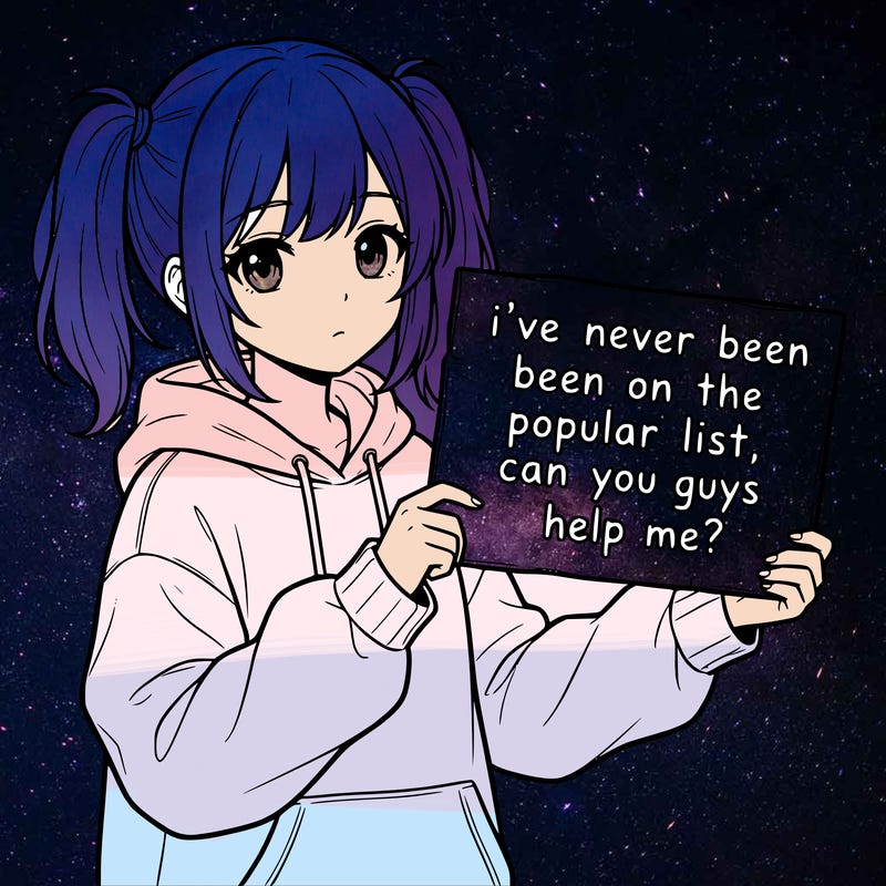 a cute anime girl with a sign saying  i’ve never been on the popular list, can you guys help me?